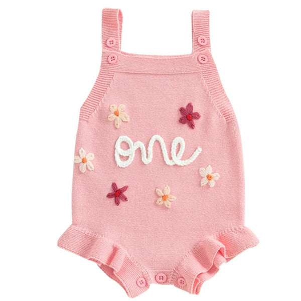 Birthday Milestone Baby Girl Knit Romper Pink