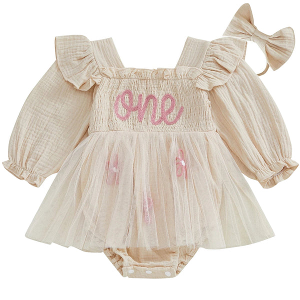 First Birthday Baby Girl Tutu Romper Cream