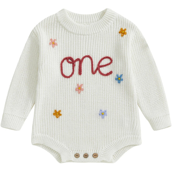 One Birthday Knit Romper White