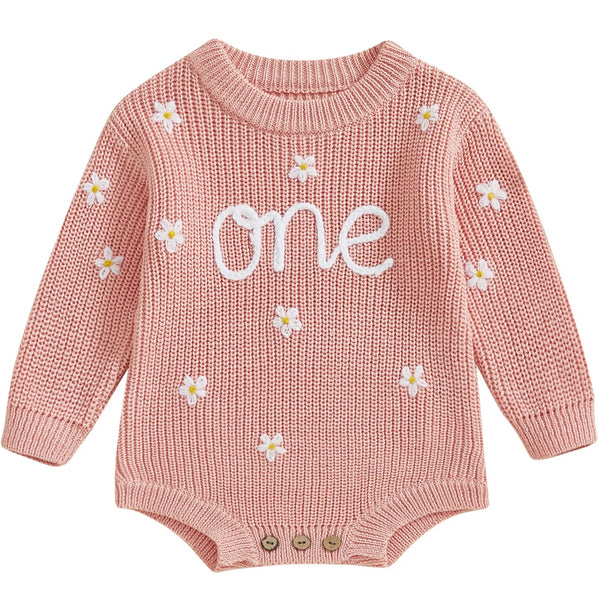 One Birthday Knit Romper Pink