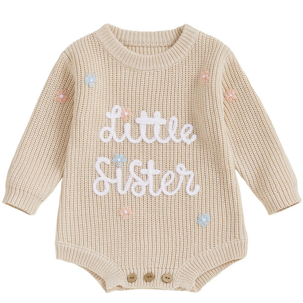 Little Sister Long Sleeve Knit Romper Beige