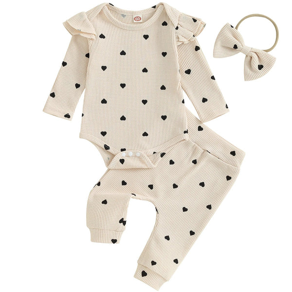 Heart Ribbed Flutter Romper Set Cream