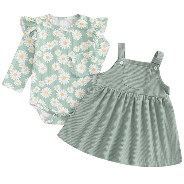 Baby Girl Daisy Pinafore Dress Set Green