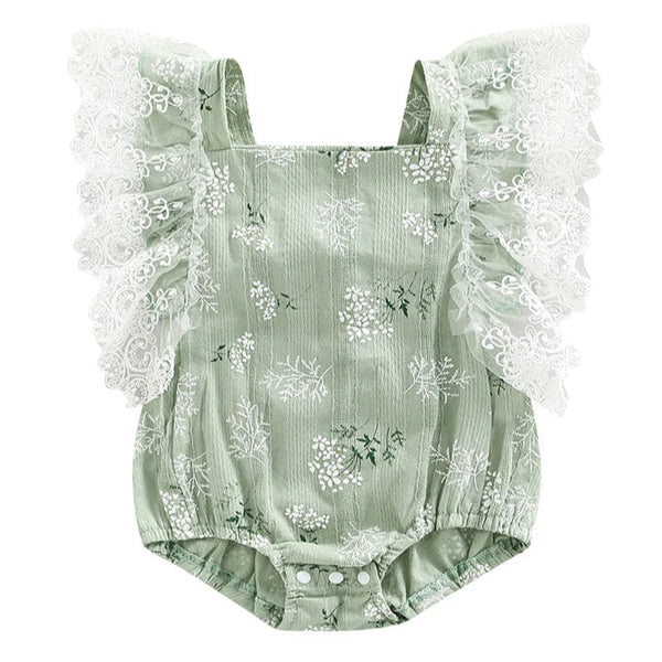 Floral Lace Baby Romper Green