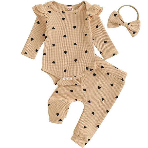 Heart Ribbed Flutter Romper Set Beige