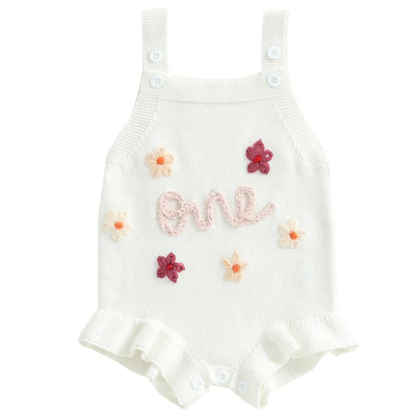 Birthday Milestone Baby Girl Knit Romper White